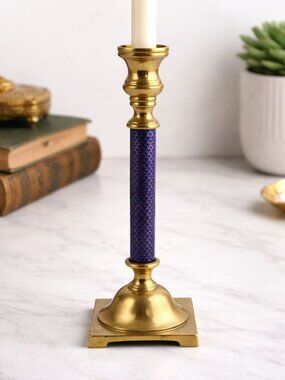 Vintage Brass & Blue Enamel Candle Holder With Scalloped Design - 10" Tall - Squ